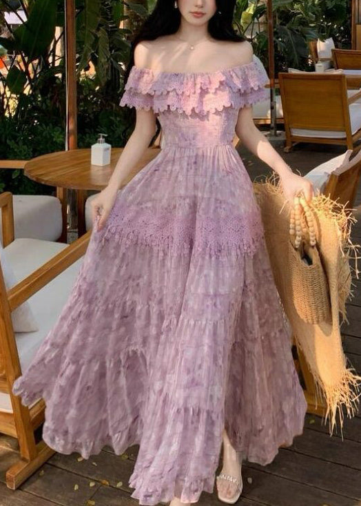 Boutique Purple Ruffled Patchwork Lace Strapless Dress Summer 3