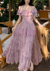 Boutique Purple Ruffled Patchwork Lace Strapless Dress Summer 3