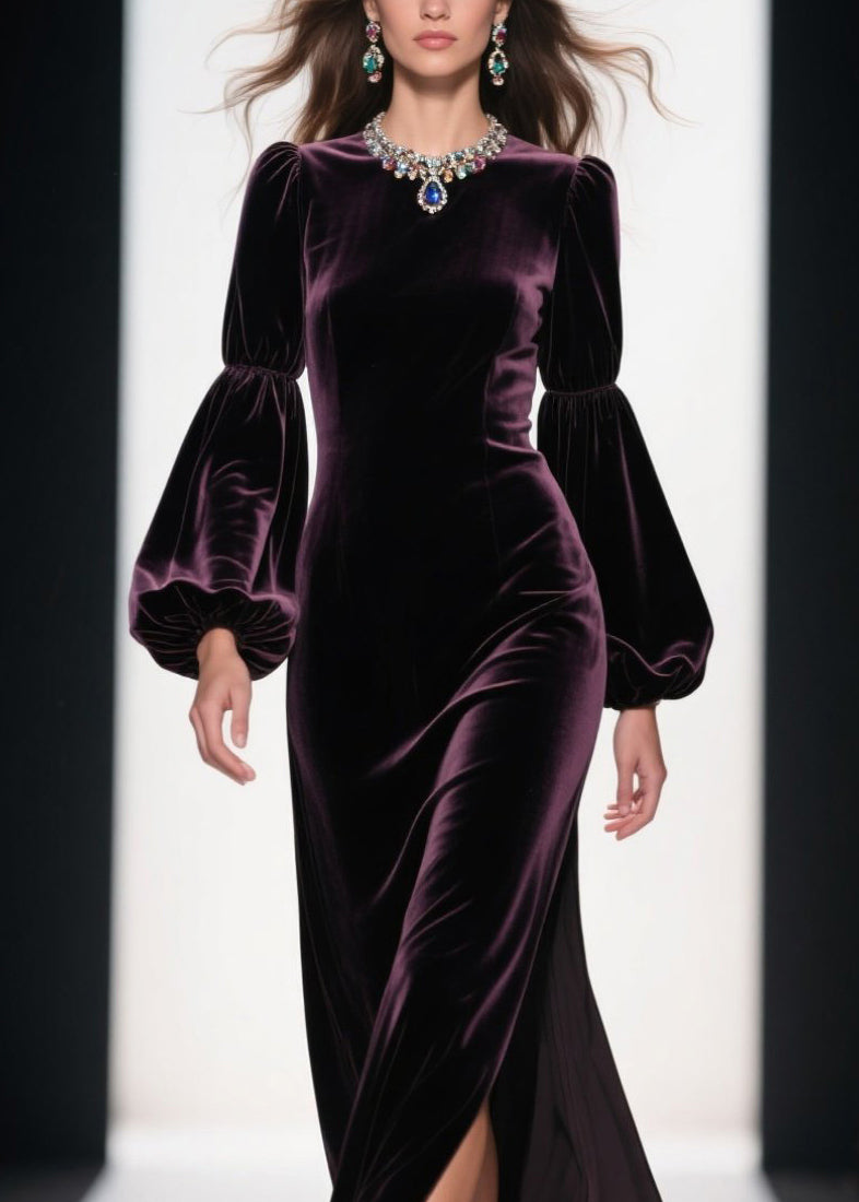 Velvet Jewel Neck Bishop Sleeve High Split Floor Length Gown