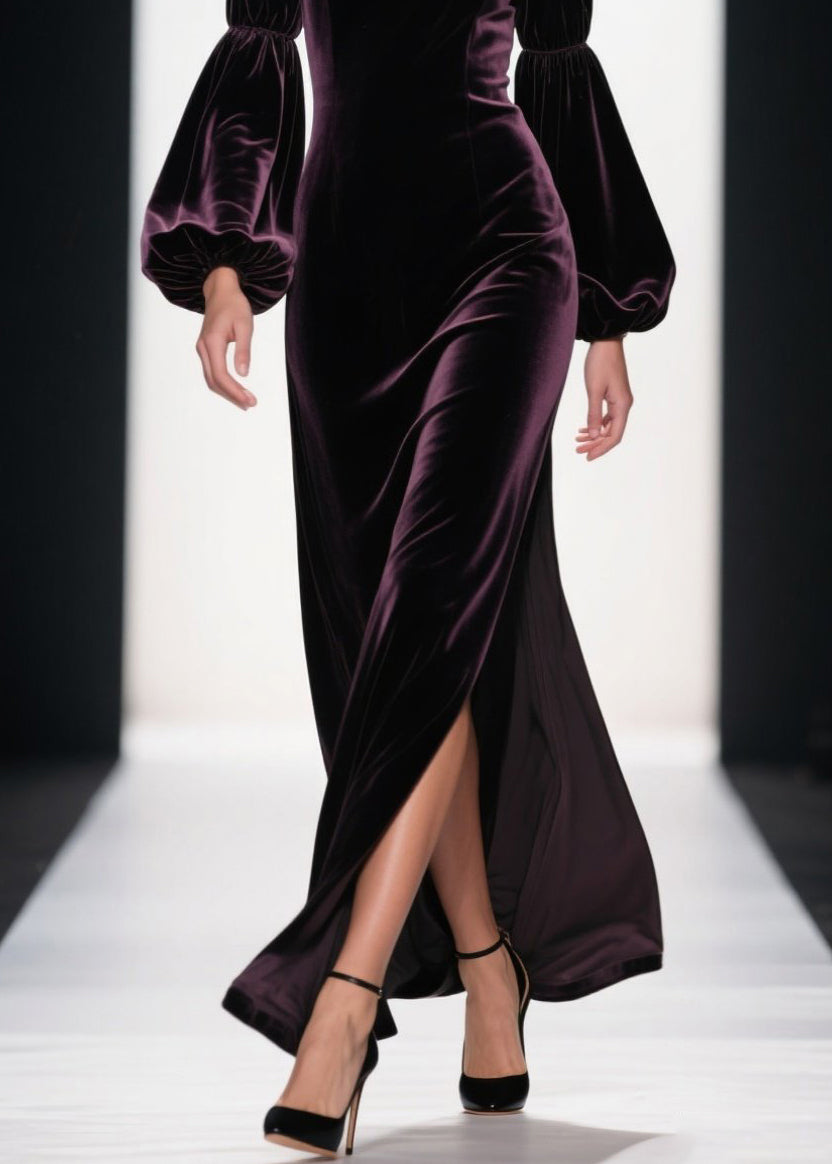 Velvet Jewel Neck Bishop Sleeve High Split Floor Length Gown