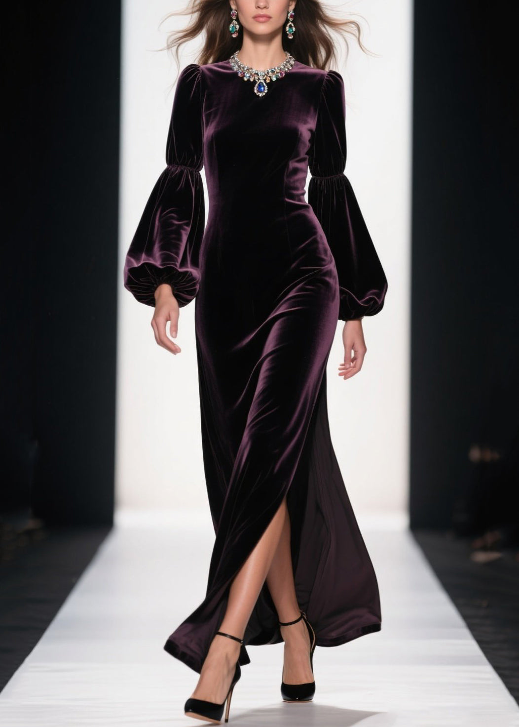 Velvet Jewel Neck Bishop Sleeve High Split Floor Length Gown
