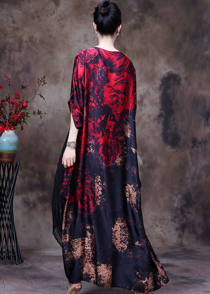 Floral Print Asymmetrical Sheer Overlay Three Quarter Batwing Sleeve Oversized Maxi Gown