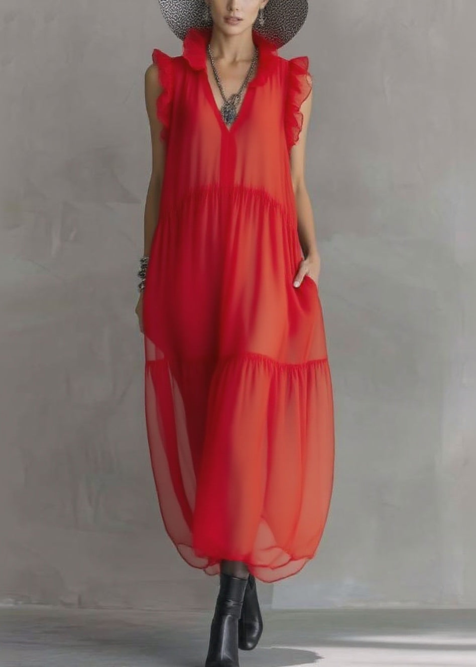 Boutique Red Ruffled Patchwork Chiffon Long Dress Sleeveless