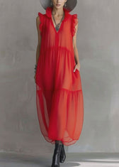 Boutique Red Ruffled Patchwork Chiffon Long Dress Sleeveless
