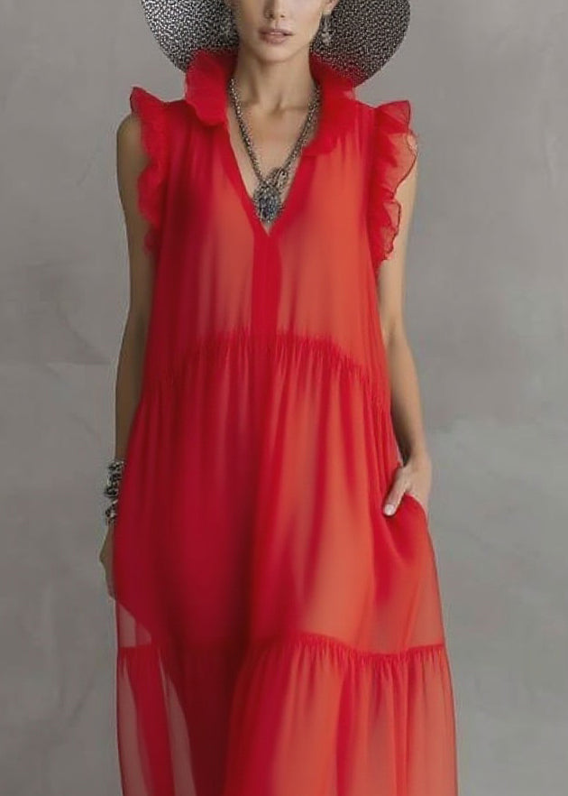Boutique Red Ruffled Patchwork Chiffon Long Dress Sleeveless 2