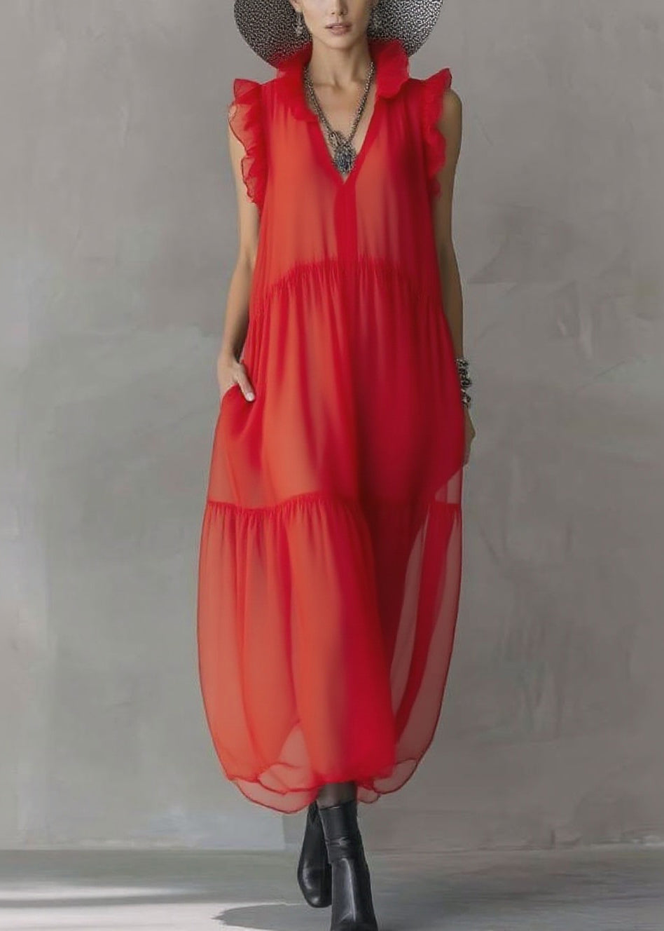 Boutique Red Ruffled Patchwork Chiffon Long Dress Sleeveless 3