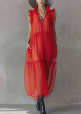 Boutique Red Ruffled Patchwork Chiffon Long Dress Sleeveless 3