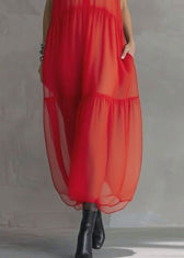 Boutique Red Ruffled Patchwork Chiffon Long Dress Sleeveless 4