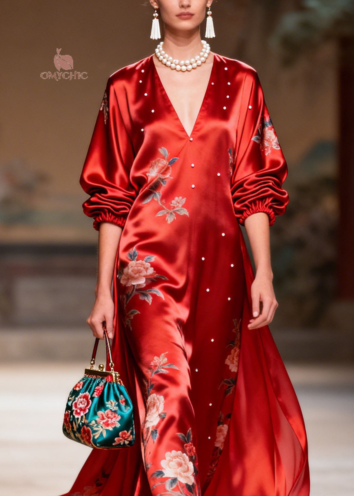 Floral Print V-Neck Balloon Sleeve Pearl Stud Trim Satin Maxi Gown