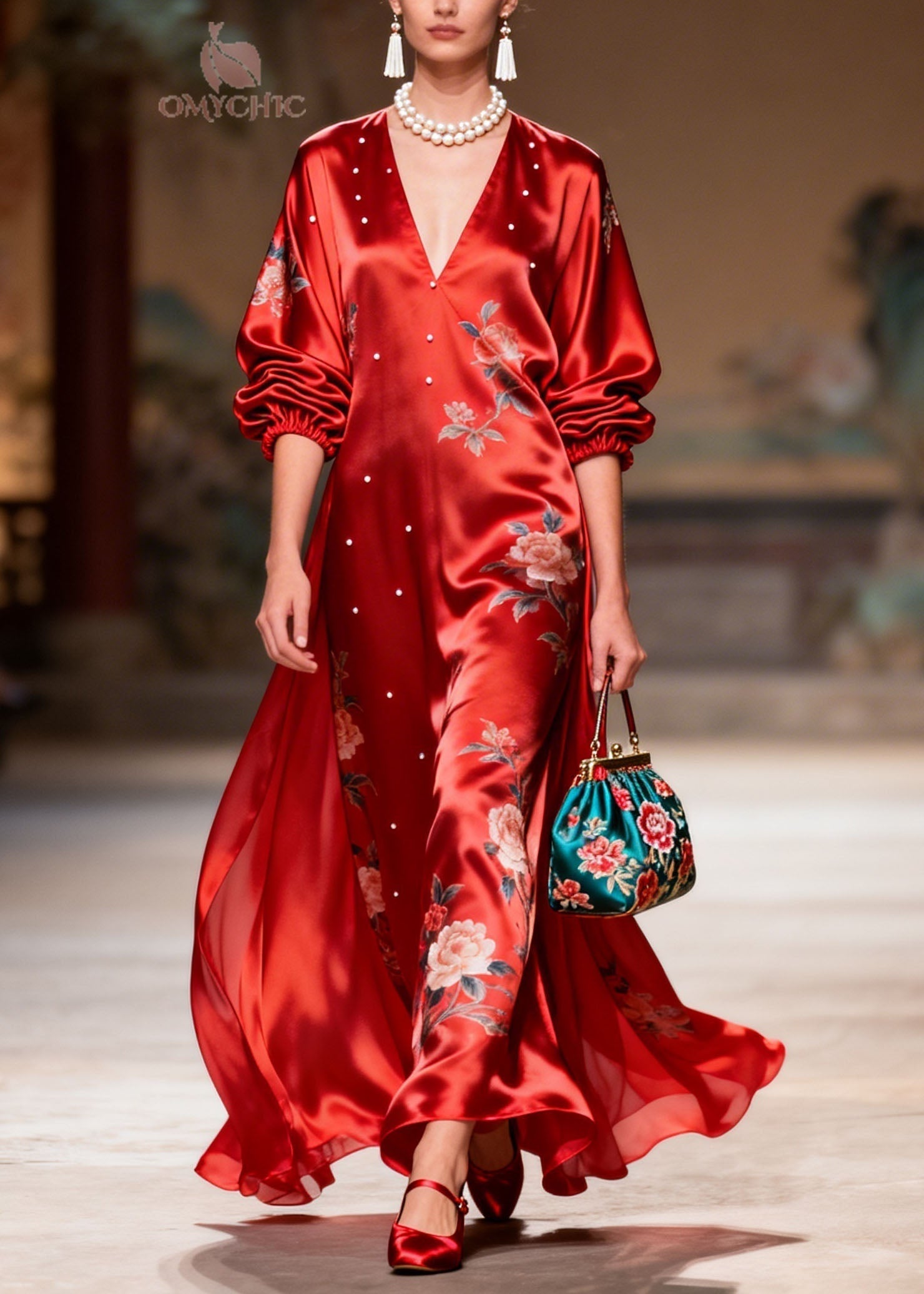 Floral Print V-Neck Balloon Sleeve Pearl Stud Trim Satin Maxi Gown