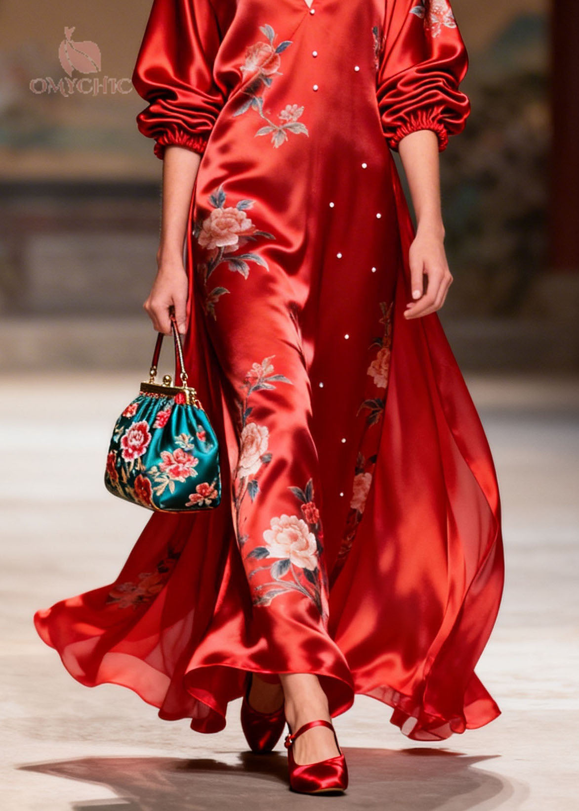 Floral Print V-Neck Balloon Sleeve Pearl Stud Trim Satin Maxi Gown