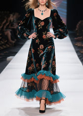Boutique Ruffled Print Patchwork Velvet Dress Fall