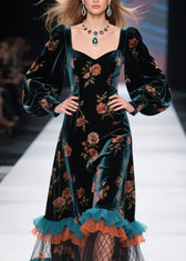 Boutique Ruffled Print Patchwork Velvet Dress Fall 2