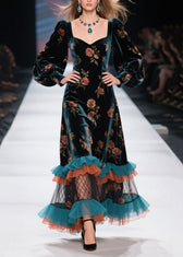 Boutique Ruffled Print Patchwork Velvet Dress Fall 3