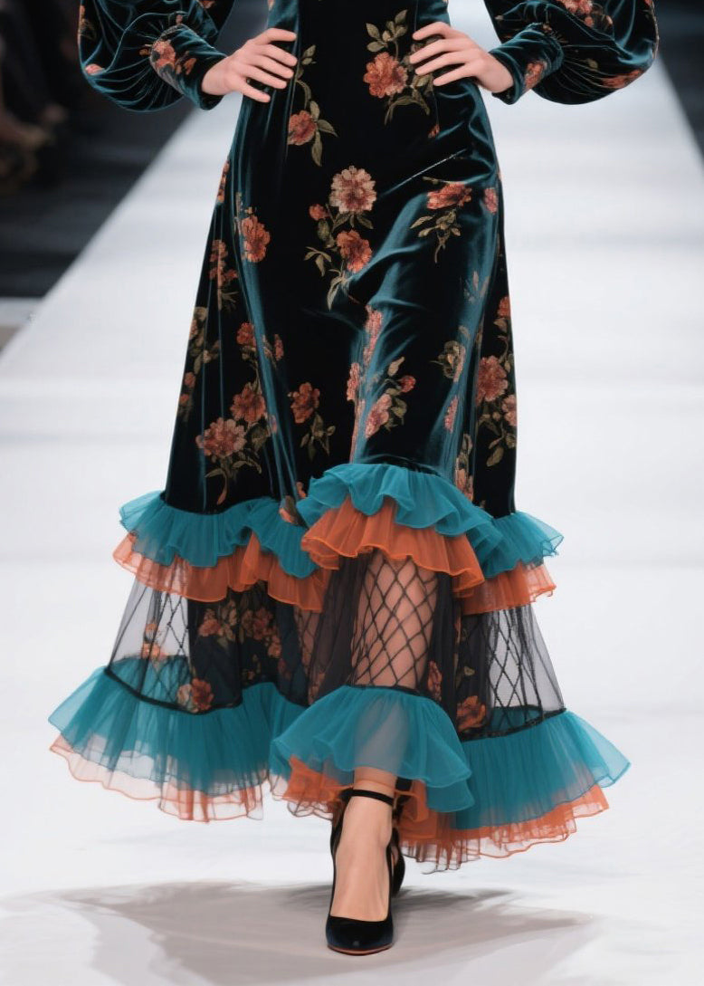 Boutique Ruffled Print Patchwork Velvet Dress Fall 4
