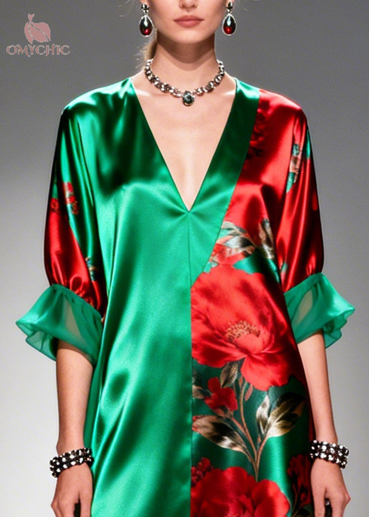 Satin Rose Print Panel Deep V-Neck Ruffle Cuff Asymmetric Chiffon Hem Maxi Dress