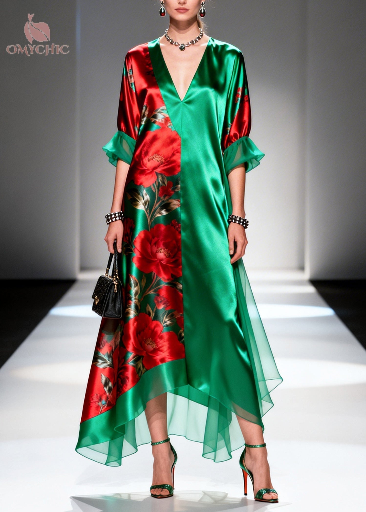 Satin Rose Print Panel Deep V-Neck Ruffle Cuff Asymmetric Chiffon Hem Maxi Dress