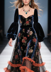Boutique Tulle Ruffled Print Patchwork Velvet Dress Fall 2