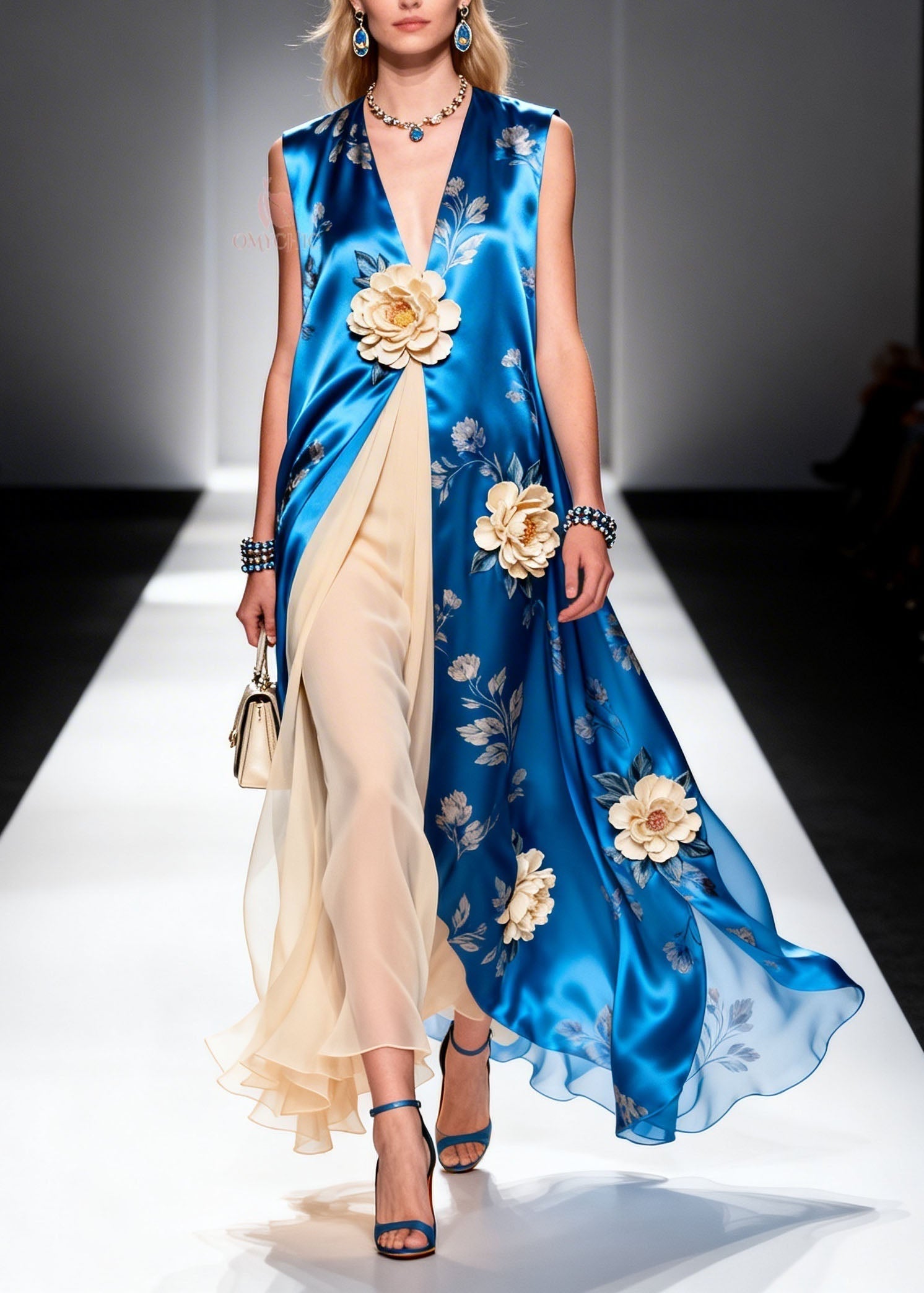 Satin Floral Print Deep V-Neck 3D Floral Applique Tulle Panel Maxi Gown