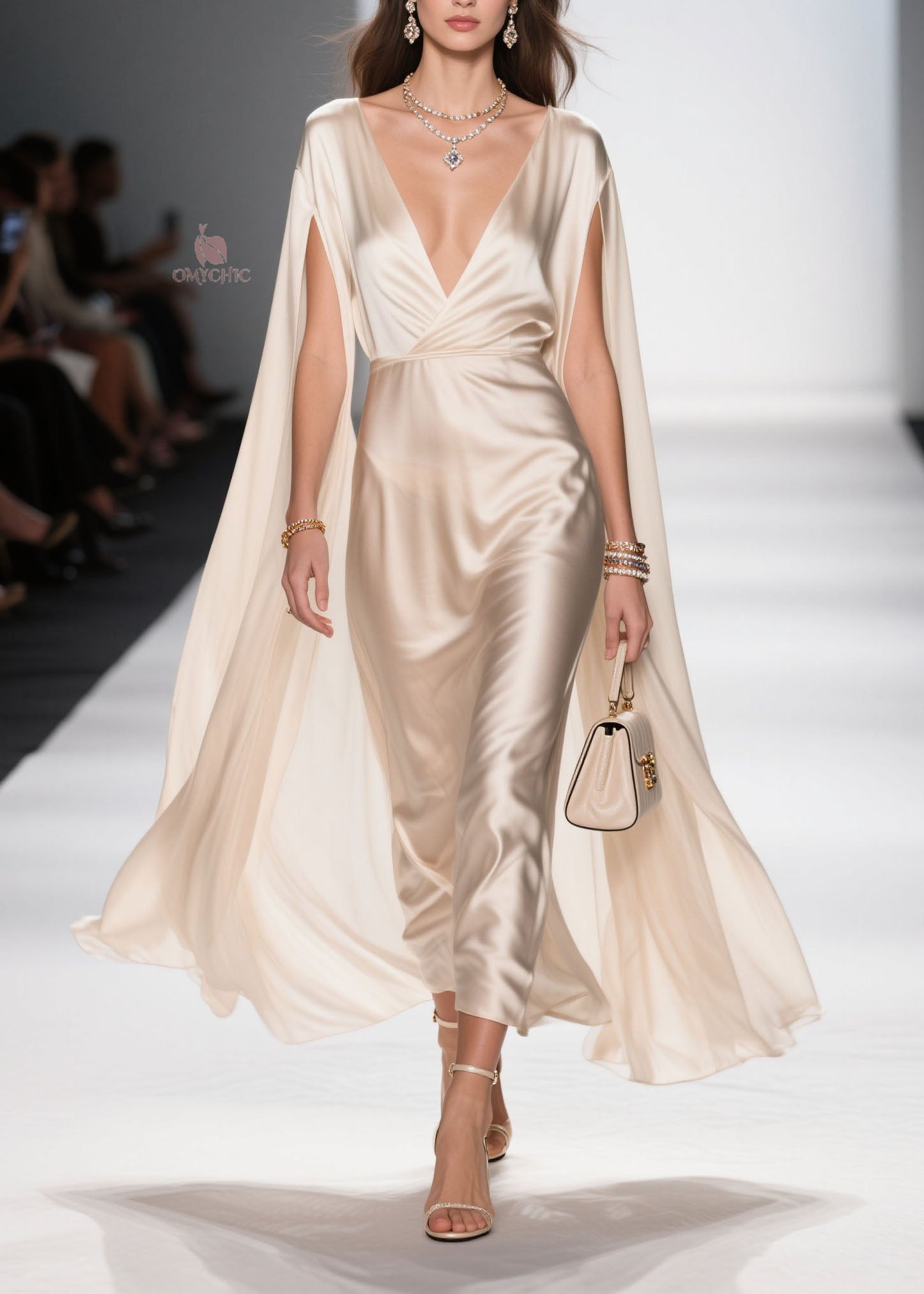 Satin Deep V-Neck Floor Length Cape Sleeve Maxi Gown