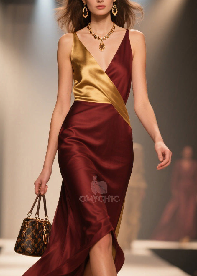 Deep V-Neck Wrap Sleeveless High Split Asymmetrical Hem Satin Midi Dress