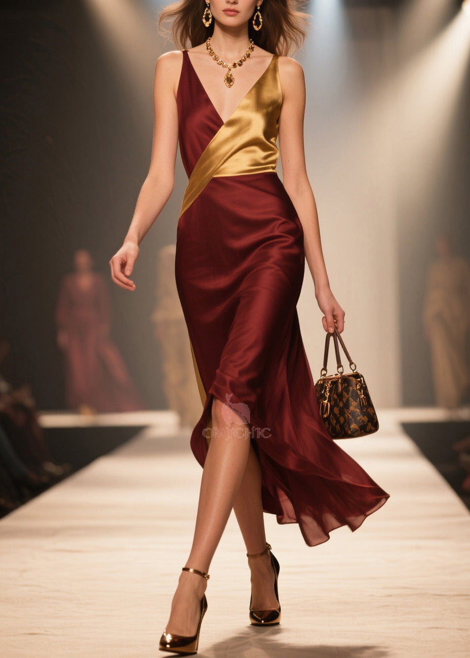 Deep V-Neck Wrap Sleeveless High Split Asymmetrical Hem Satin Midi Dress