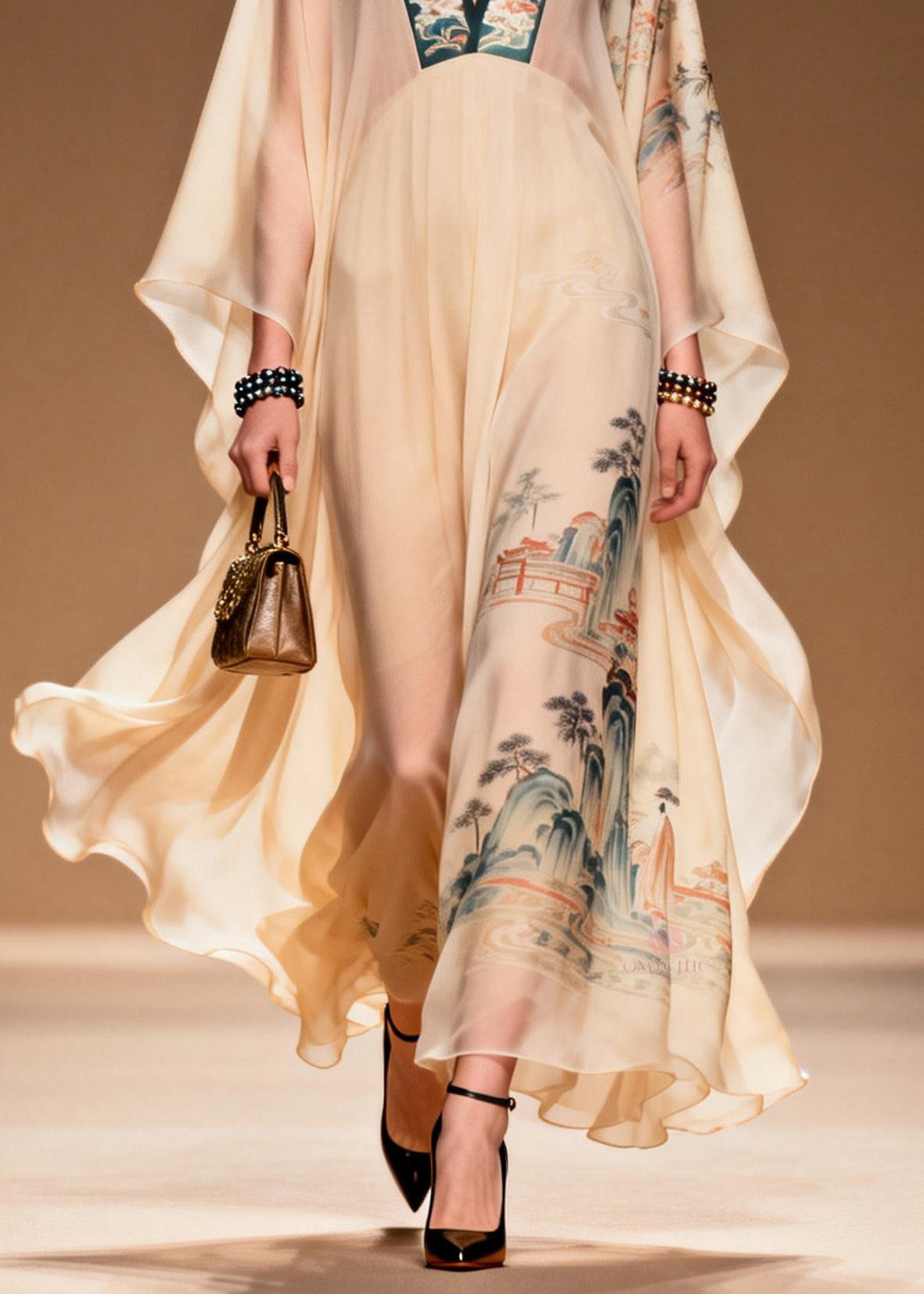 Oriental Landscape Print Deep V-Neck Batwing Sleeve Sheer Chiffon Kaftan Maxi Gown