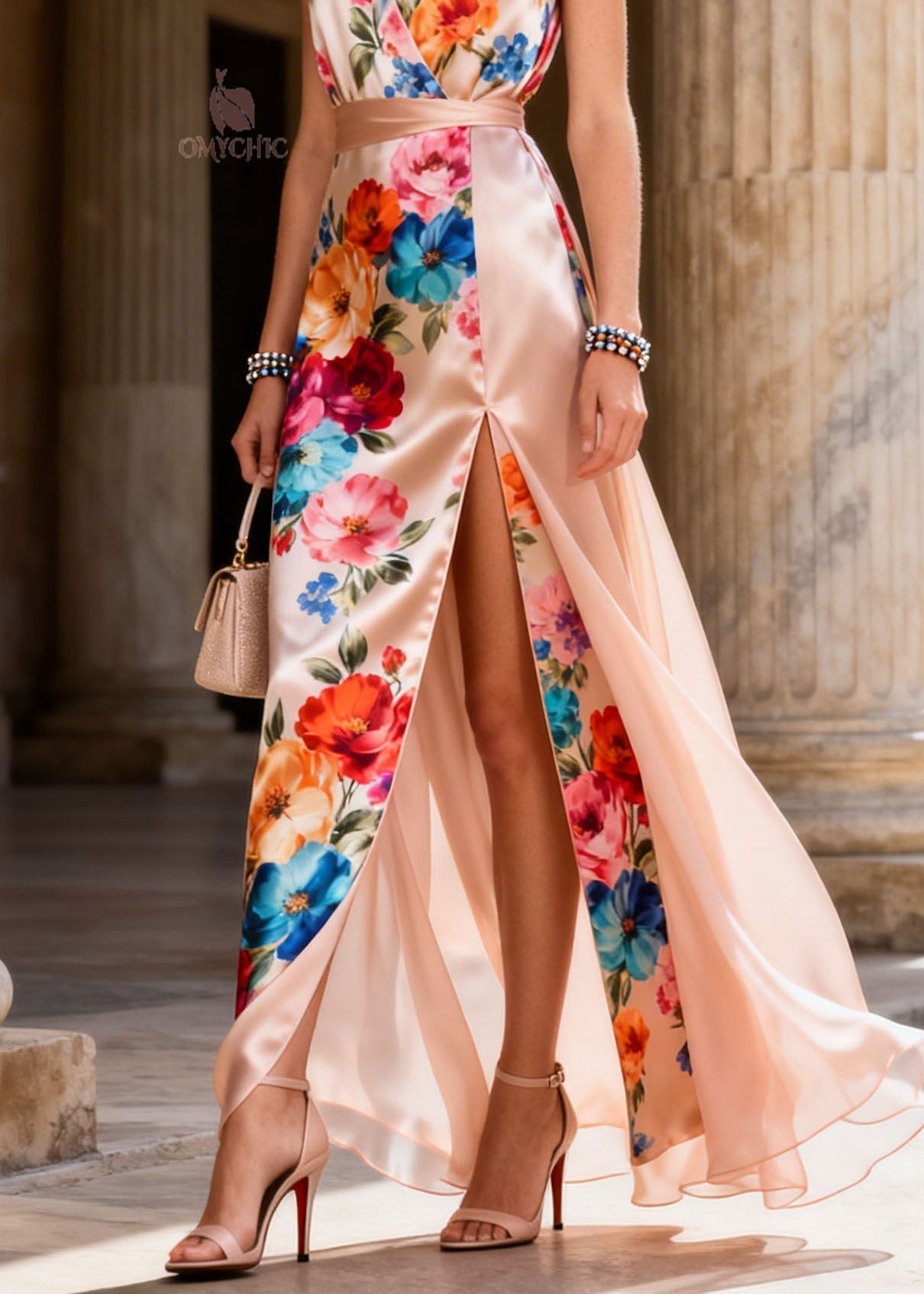 Satin Floral Print Sleeveless V-Neck Wide Waistband High Split Wrap Maxi Gown