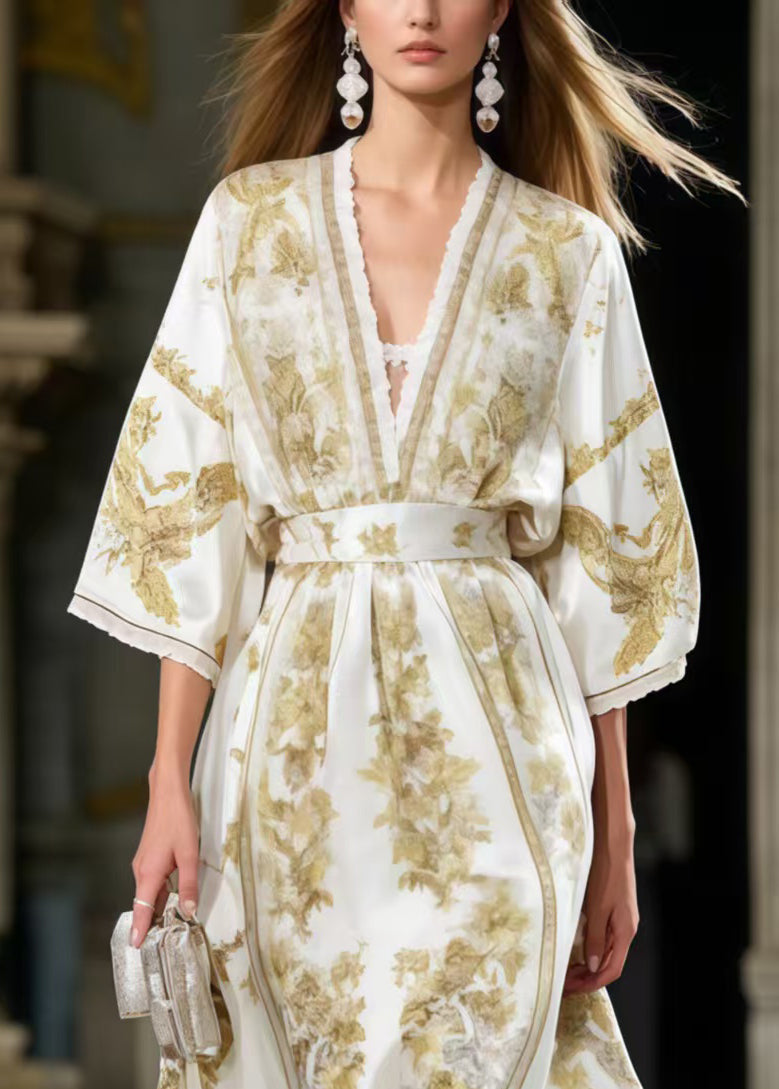 Floral Toile Print Deep V-Neck Lace Trim Kimono Sleeve Sash Belt Maxi Gown