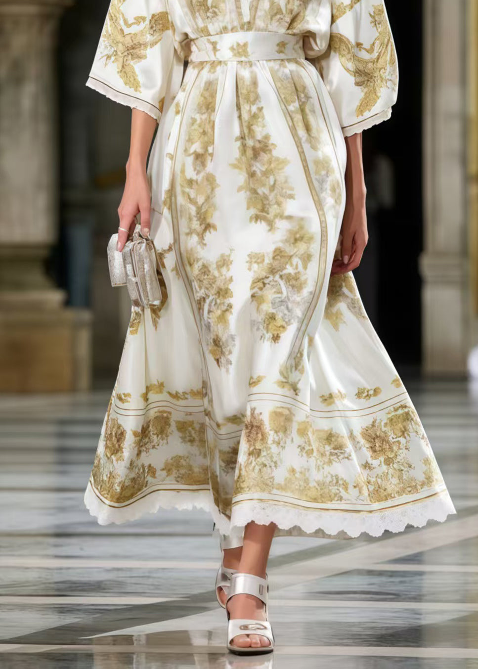 Floral Toile Print Deep V-Neck Lace Trim Kimono Sleeve Sash Belt Maxi Gown