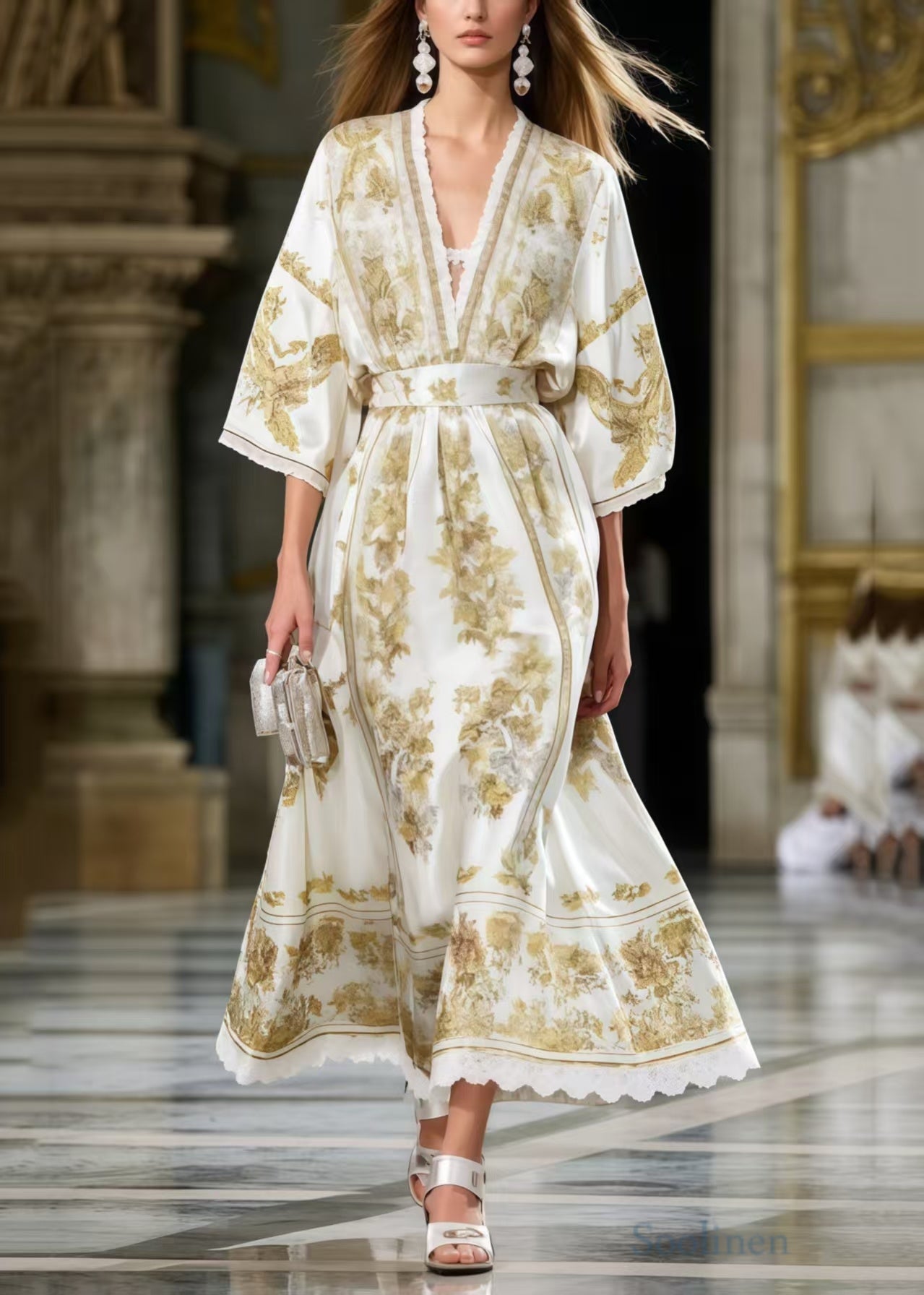 Floral Toile Print Deep V-Neck Lace Trim Kimono Sleeve Sash Belt Maxi Gown