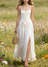Boutique White Embroidered Side Open Chiffon Spaghetti Strap Dress Summer