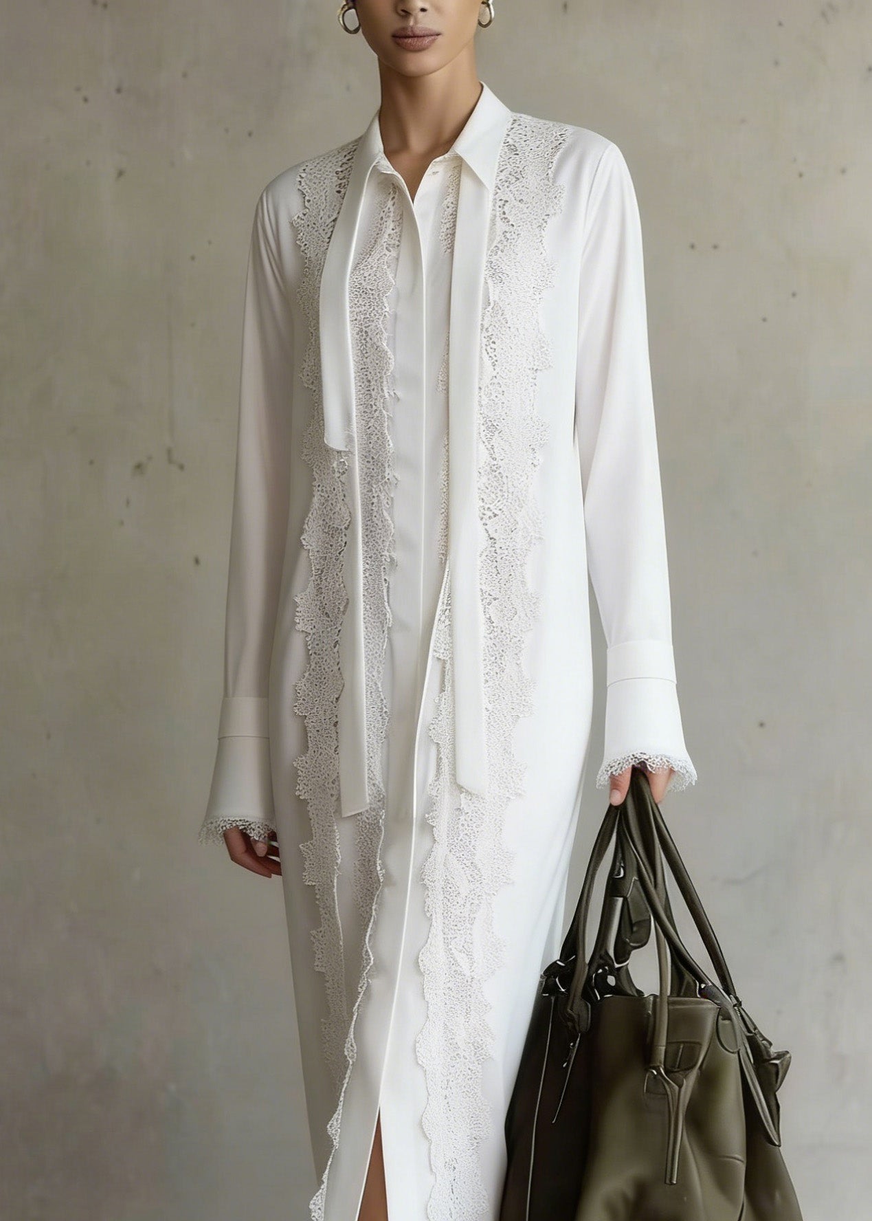 Chiffon Tie Neck Long Sleeve Lace Panel Lace Trim Cuff Midi Shirt Dress
