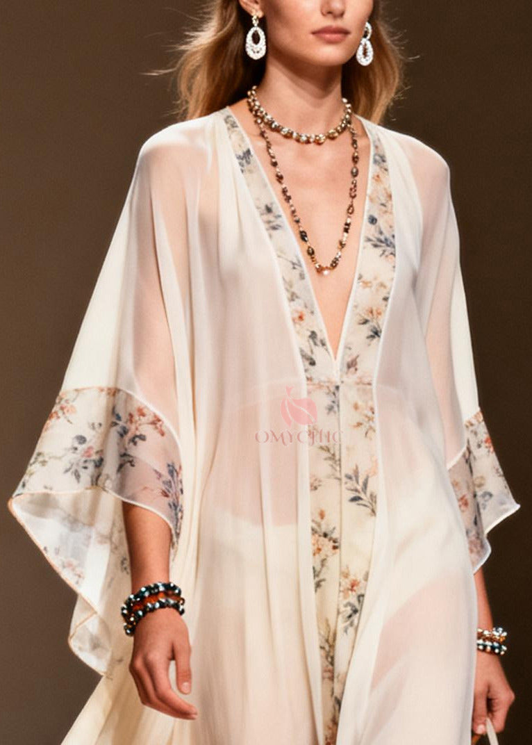 Sheer Chiffon Floral Panel V-Neck Bell Sleeve Kaftan Maxi Gown