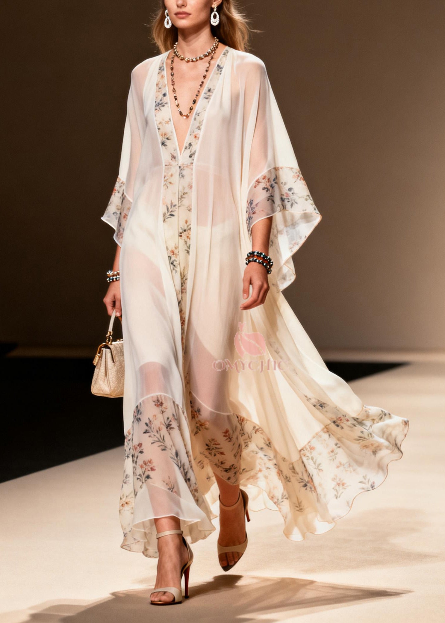 Sheer Chiffon Floral Panel V-Neck Bell Sleeve Kaftan Maxi Gown