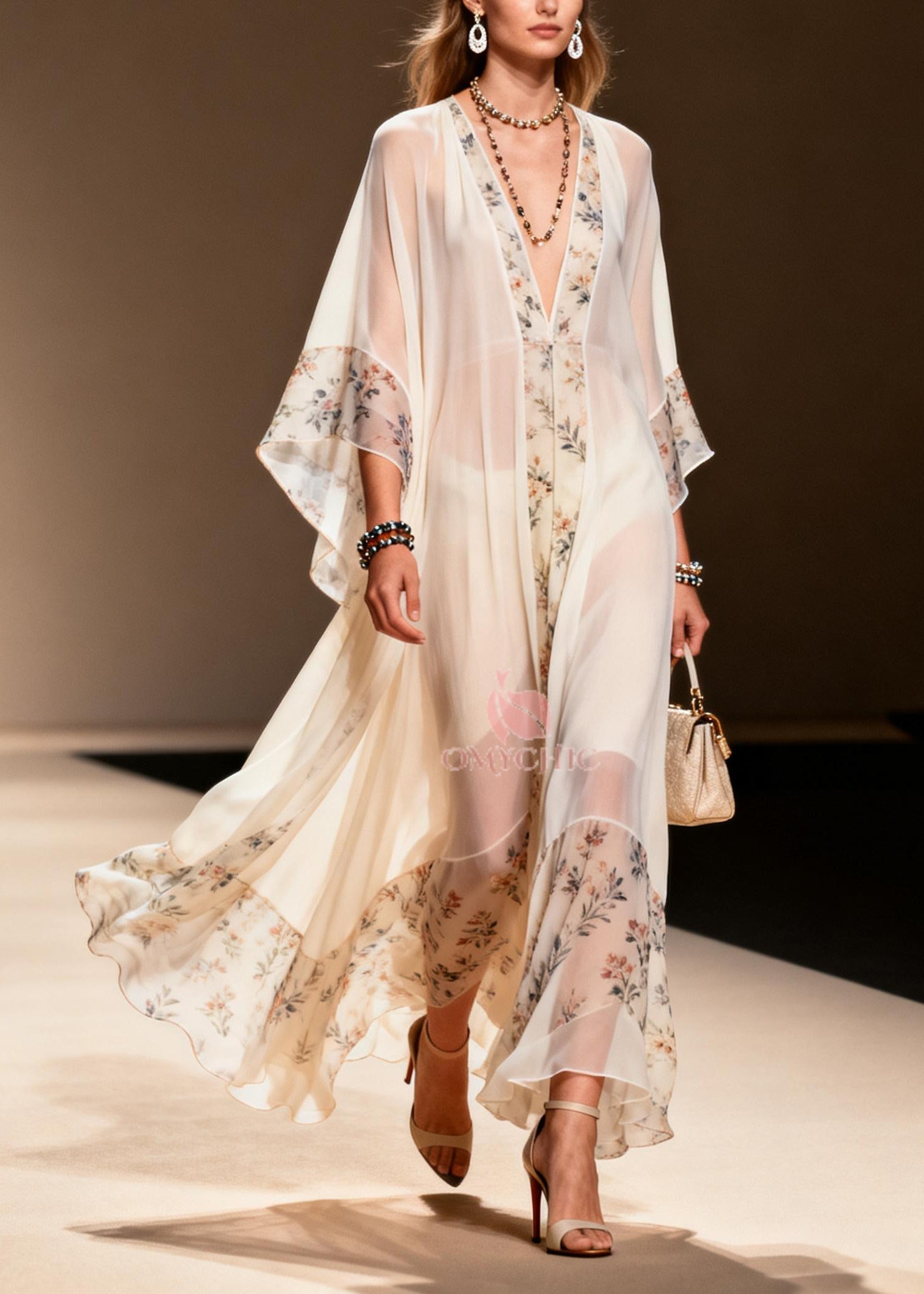 Sheer Chiffon Floral Panel V-Neck Bell Sleeve Kaftan Maxi Gown
