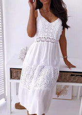 Boutique White V Neck Lace Patchwork Cotton Spaghetti Strap Dress Summer 2