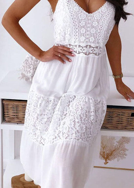 Boutique White V Neck Lace Patchwork Cotton Spaghetti Strap Dress Summer 4