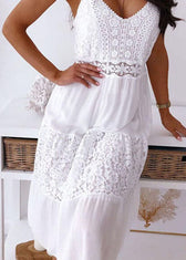 Boutique White V Neck Lace Patchwork Cotton Spaghetti Strap Dress Summer 4