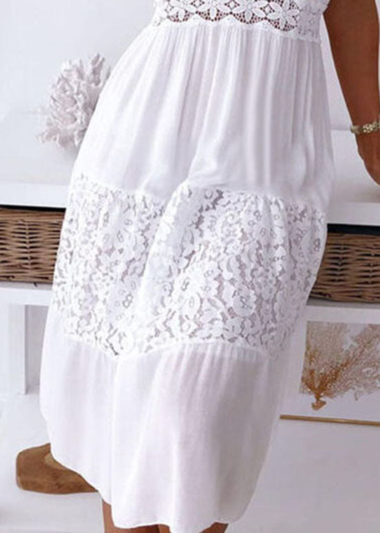 Boutique White V Neck Lace Patchwork Cotton Spaghetti Strap Dress Summer 5