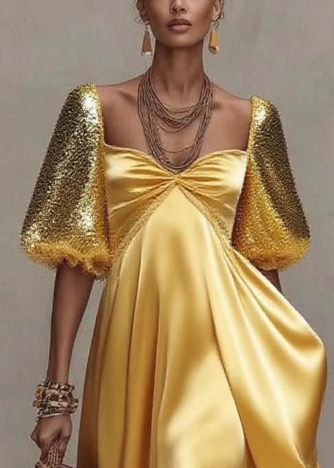 Sequin Puff Sleeve Sweetheart Neck Empire Waist Ruffle Hem Maxi Gown