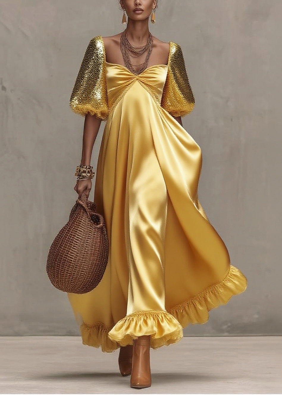 Sequin Puff Sleeve Sweetheart Neck Empire Waist Ruffle Hem Maxi Gown