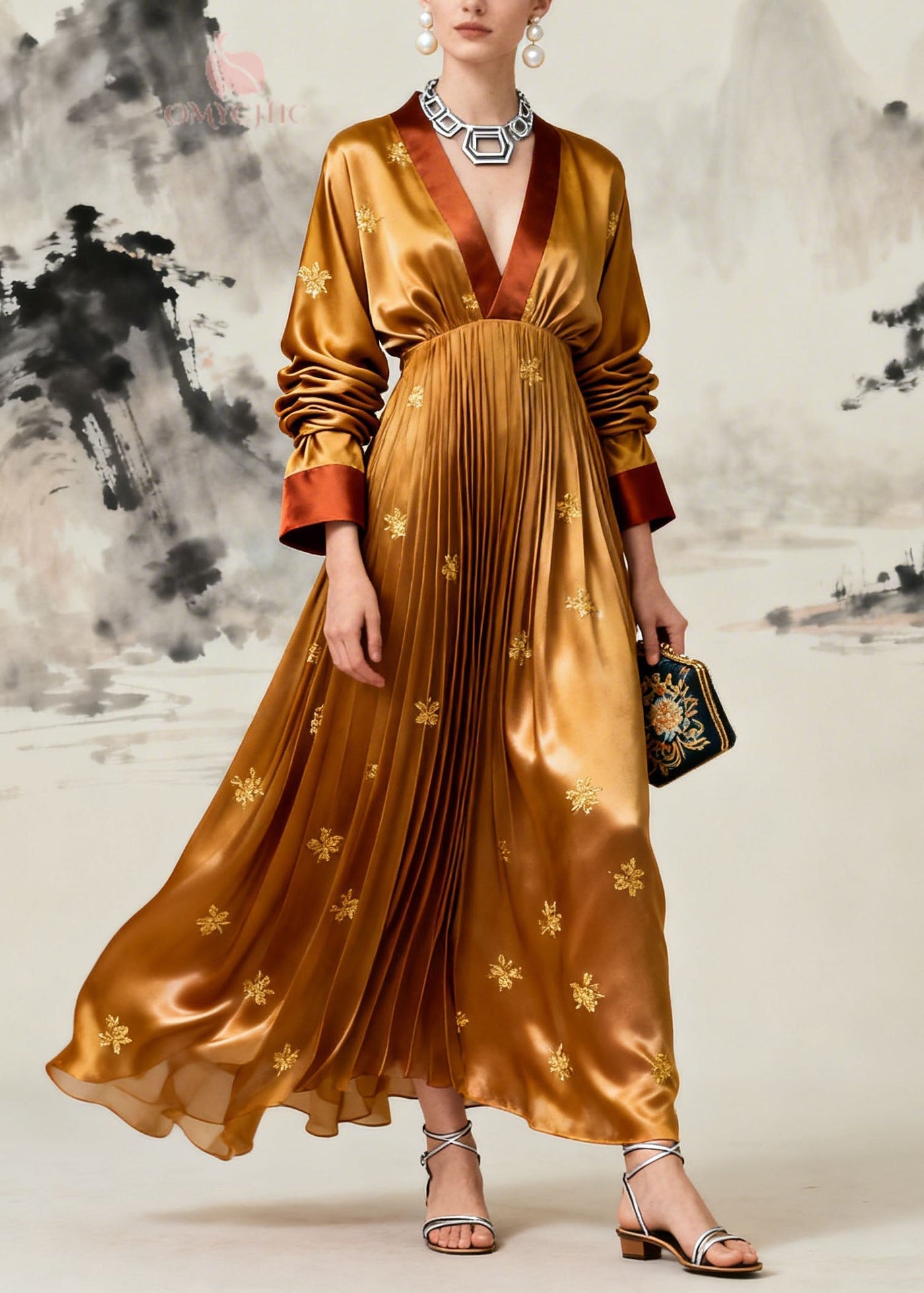 Boutique Yellow V Neck Jacquard Wrinkled Silk Maxi Dress Long Sleeve 3