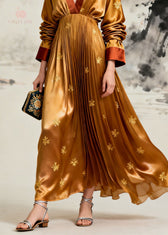 Boutique Yellow V Neck Jacquard Wrinkled Silk Maxi Dress Long Sleeve 4