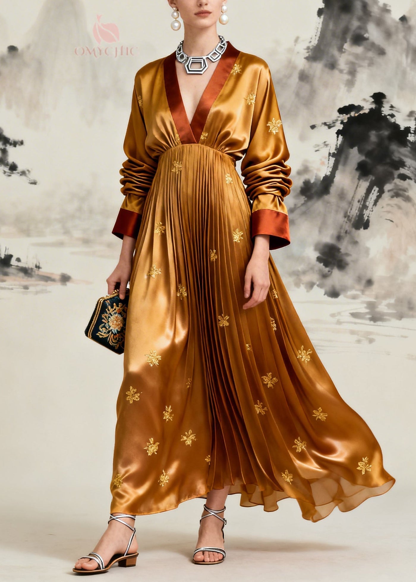 Boutique Yellow V Neck Jacquard Wrinkled Silk Maxi Dress Long Sleeve 5