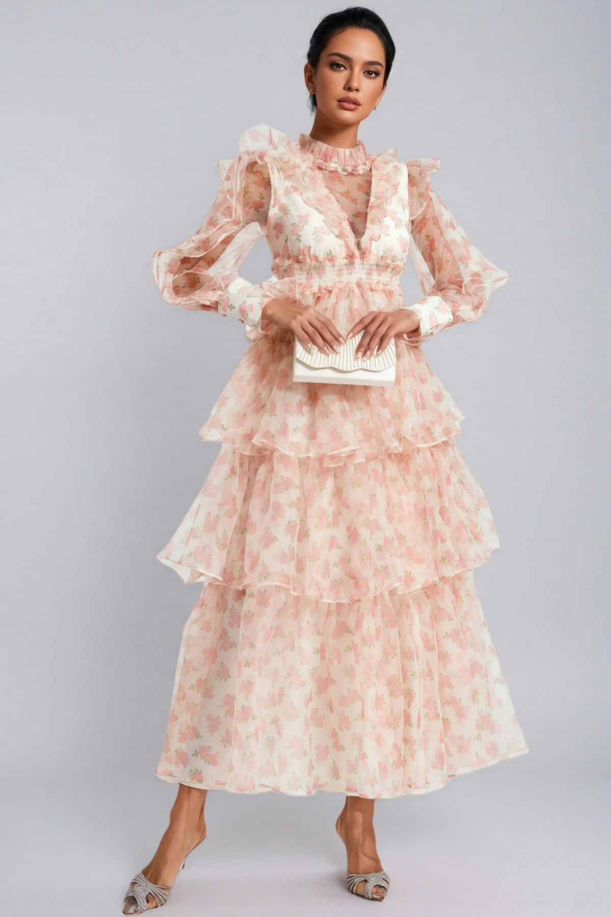 Floral Organza Mock Neck Long Sleeve Tiered Ruffle Midi Dress 2