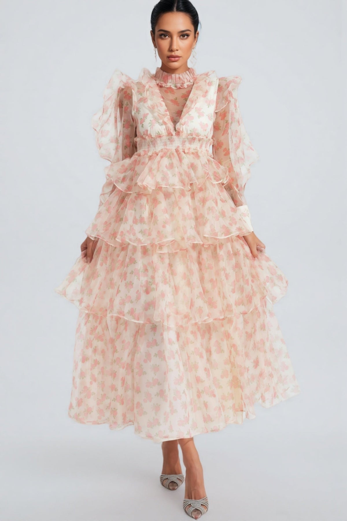 Floral Organza Mock Neck Long Sleeve Tiered Ruffle Midi Dress
