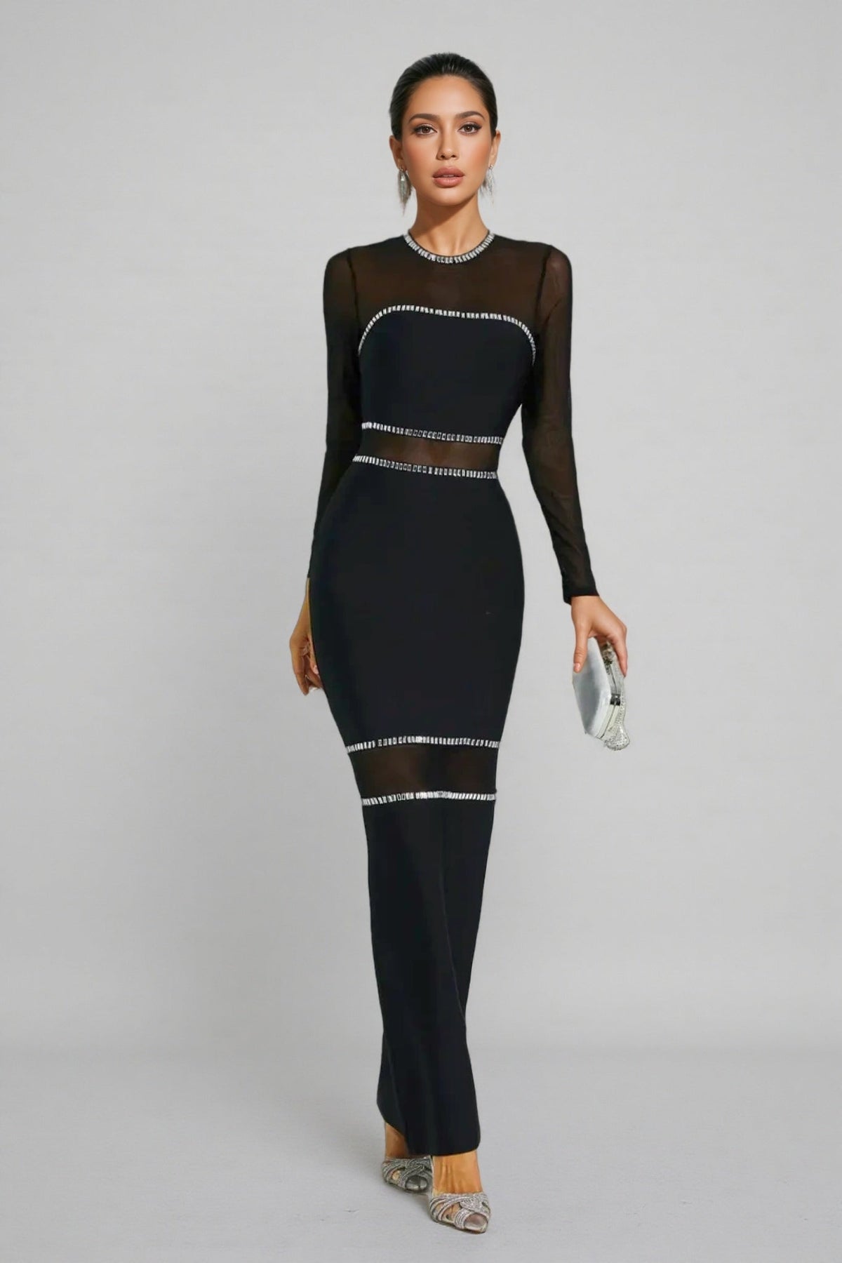 Rhinestone Trim Sheer Mesh Panel Long Sleeve Bandage Maxi Dress