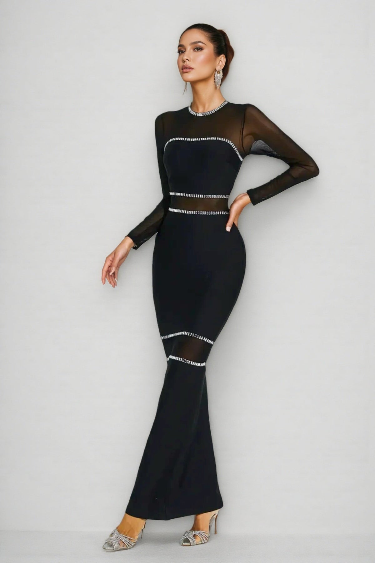 Rhinestone Trim Sheer Mesh Panel Long Sleeve Bandage Maxi Dress 6