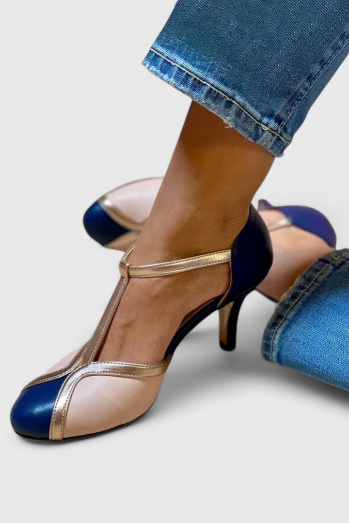 Round Toe T-Strap Contrast Cap Toe Stiletto Pumps